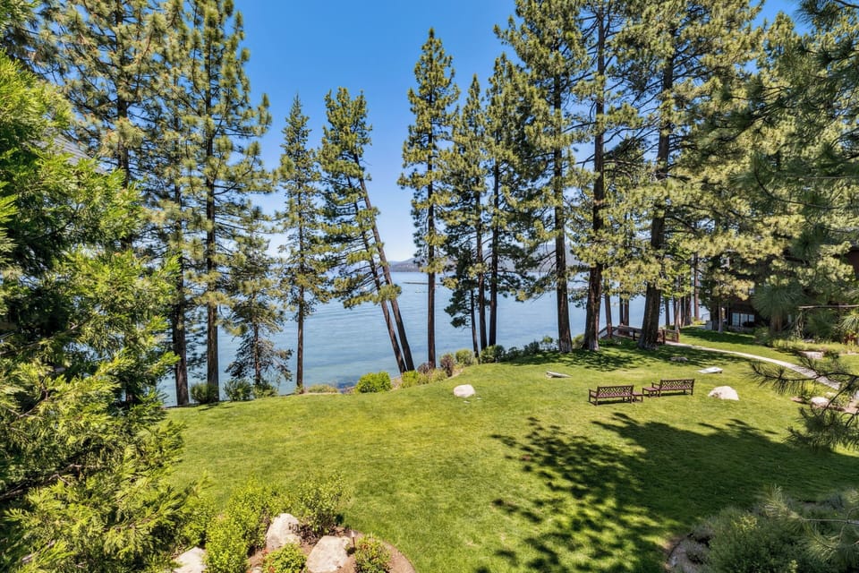 A peaceful lakefront lawn surrounded by towering pines with outdoor seating overlooking crystal-clear waters.