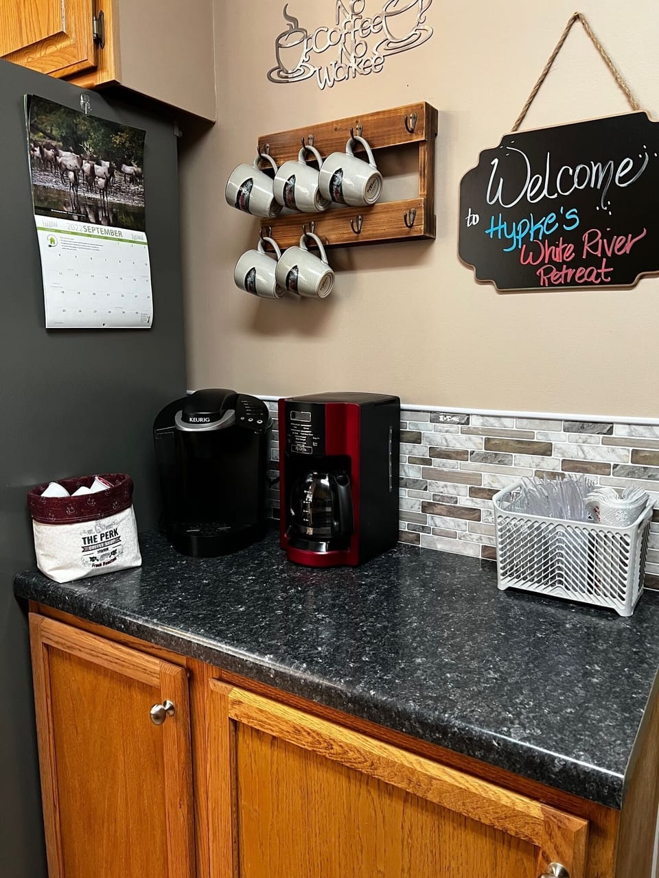 Coffee bar with coffee maker and Keurig