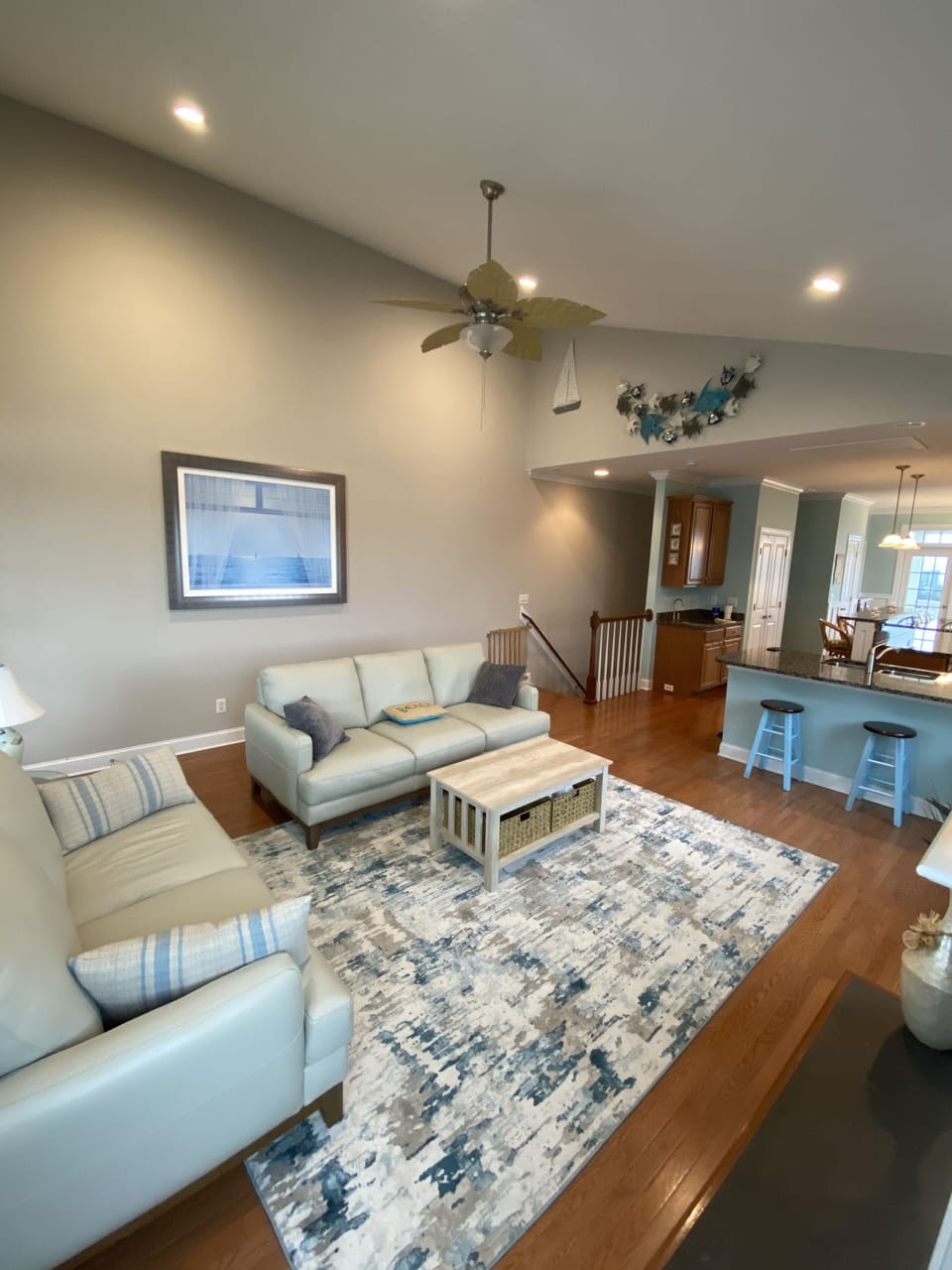 Beautiful newly decorated great room with Italian leather sofas. 

