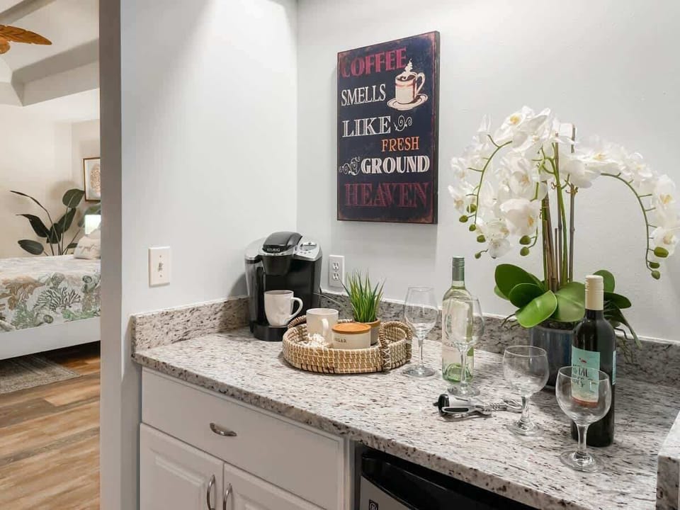 The suite also has its own private coffee - or wine - bar, including a mini-frig!