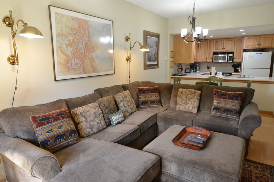 Living Room - The living room area has a comfortable sofa, cozy fireplace, and a TV.