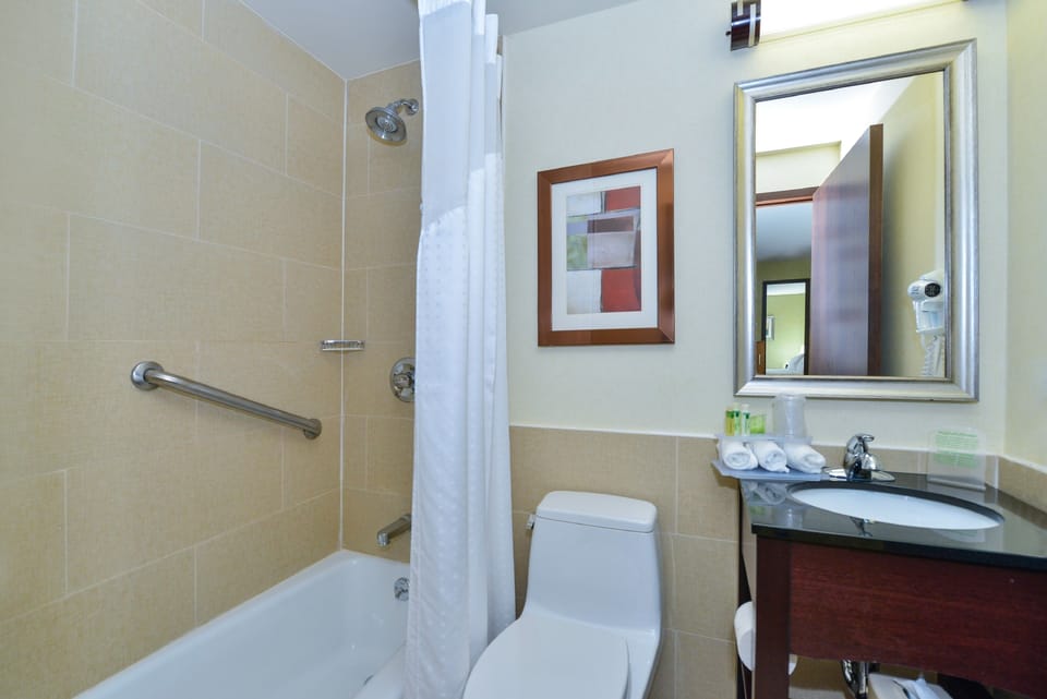 Combined shower/tub, free toiletries, hair dryer, towels
