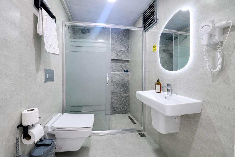 Shower, hydromassage showerhead, free toiletries, hair dryer