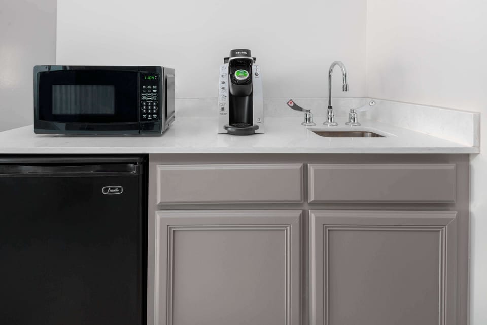 Mini-fridge, microwave, coffee/tea maker