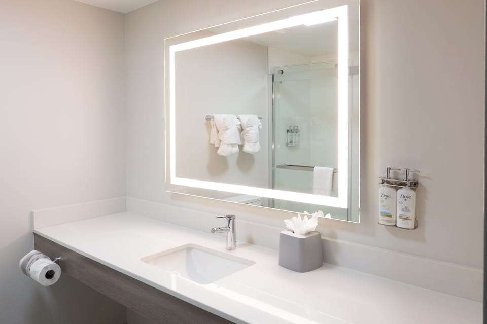 Combined shower/tub, deep soaking tub, free toiletries, hair dryer