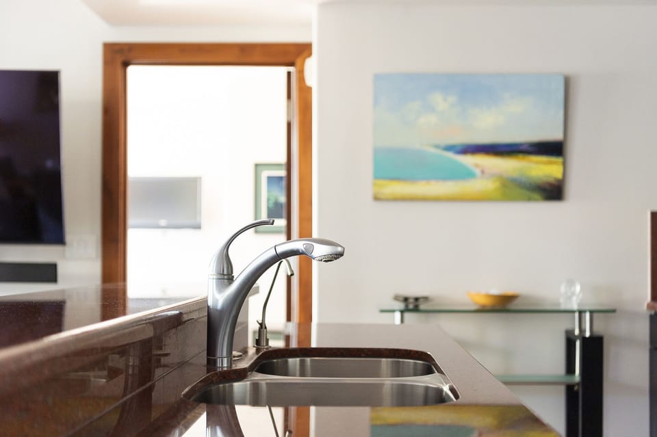 Kitchen island with dual basin sink, stainless steel faucet