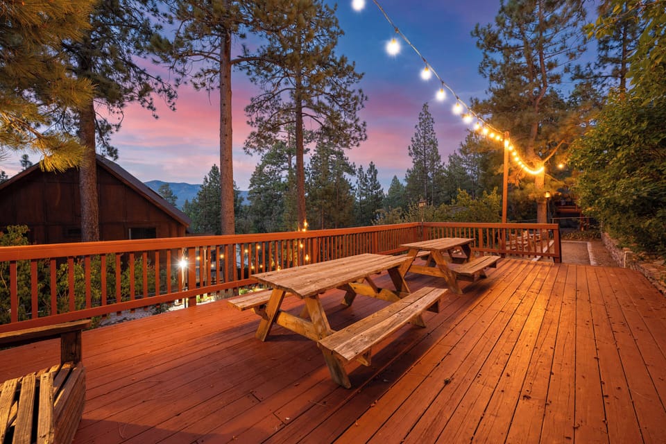 Back Deck - Back Deck with peekaboo lake views, lots of seating, fairy lights, and private hot tub