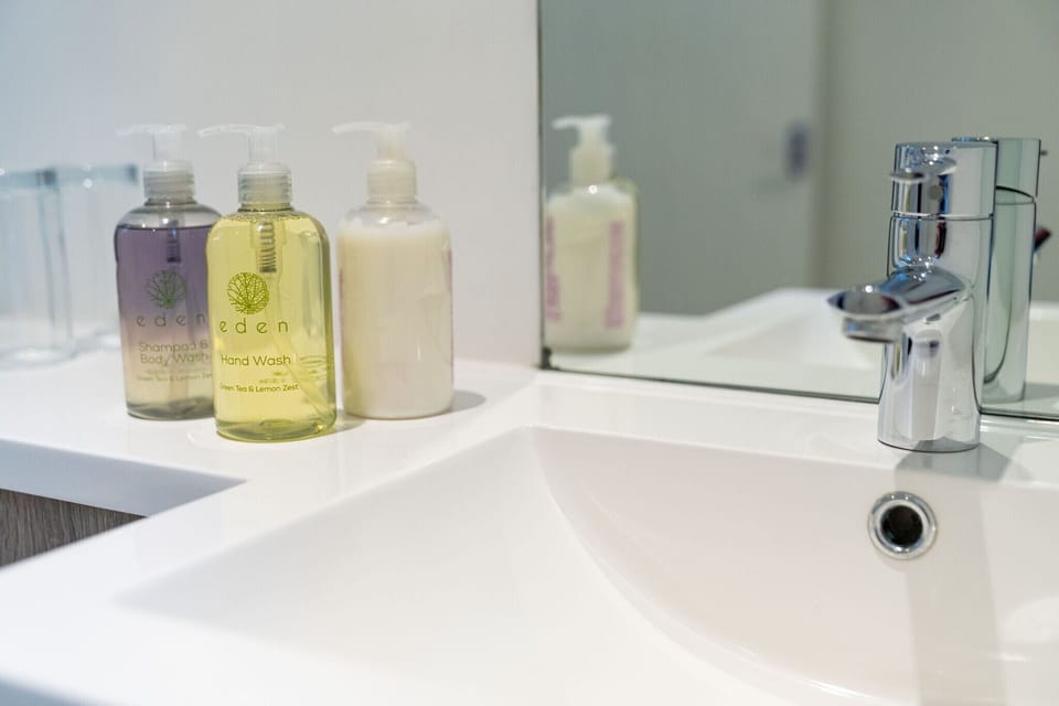 Hair dryer, towels, soap, shampoo