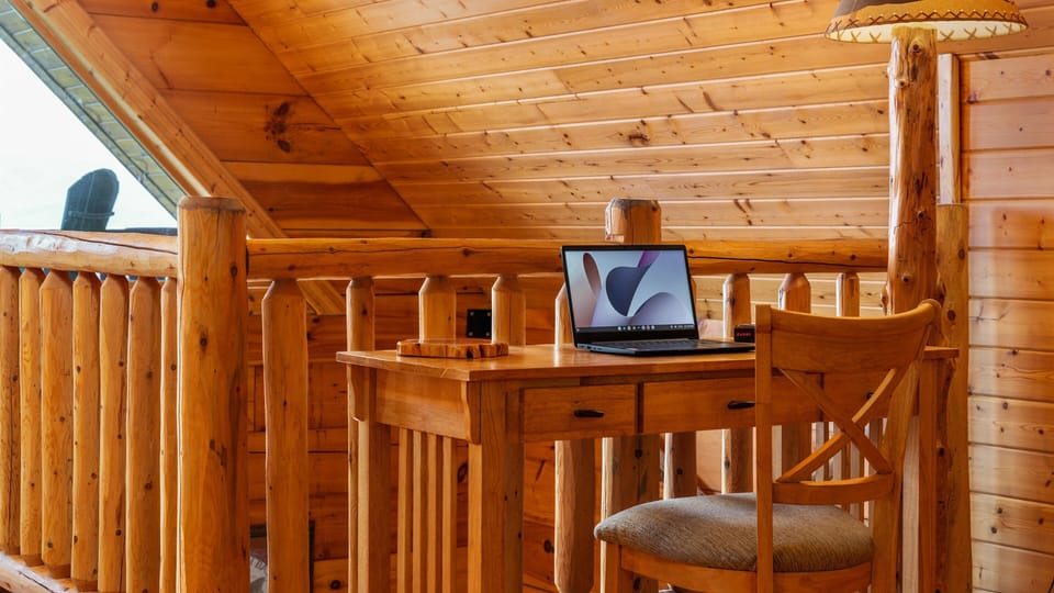 Loft King Suite. Dedicated work space with A+ views. Fast Starlink Wi-Fi.