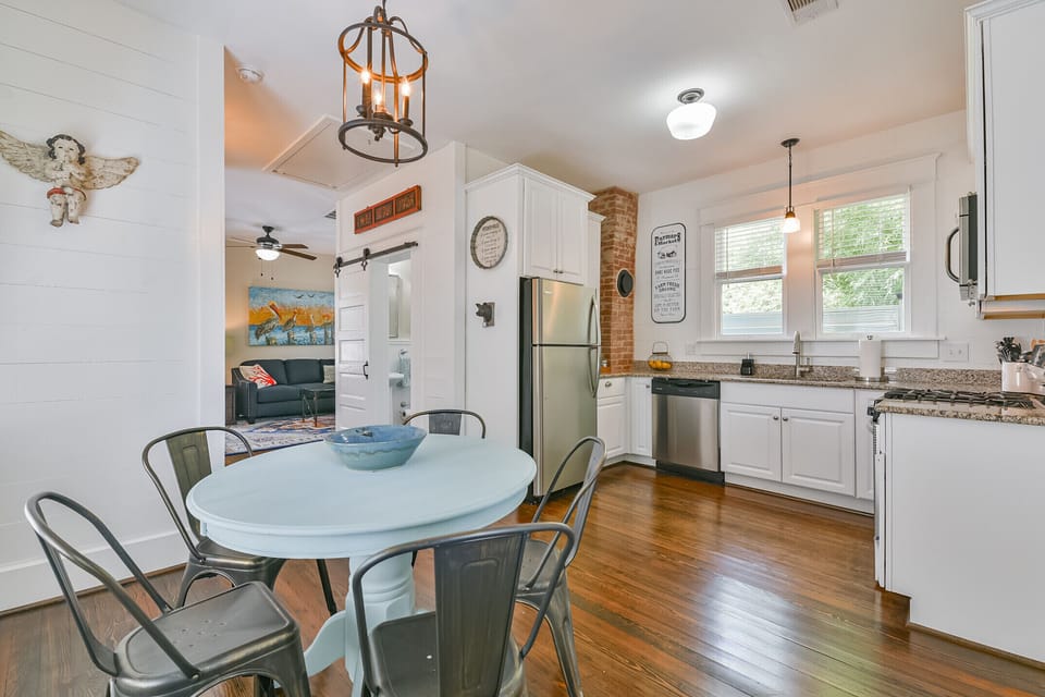 Great architectural details including exposed brick flue and ship-lapped walls