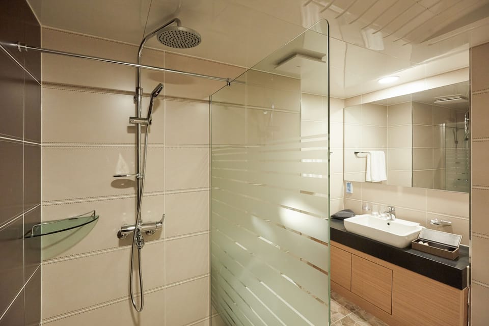 Shower, rainfall showerhead, free toiletries, hair dryer
