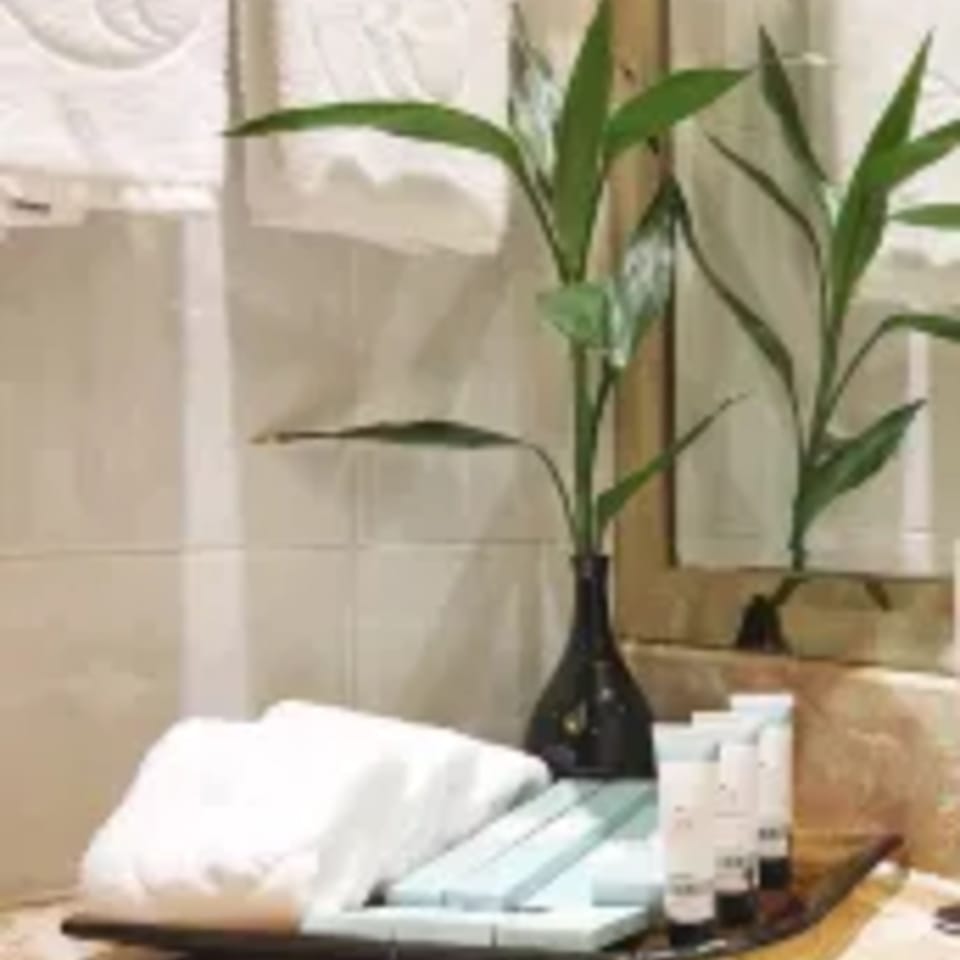 Hair dryer, slippers, towels, soap
