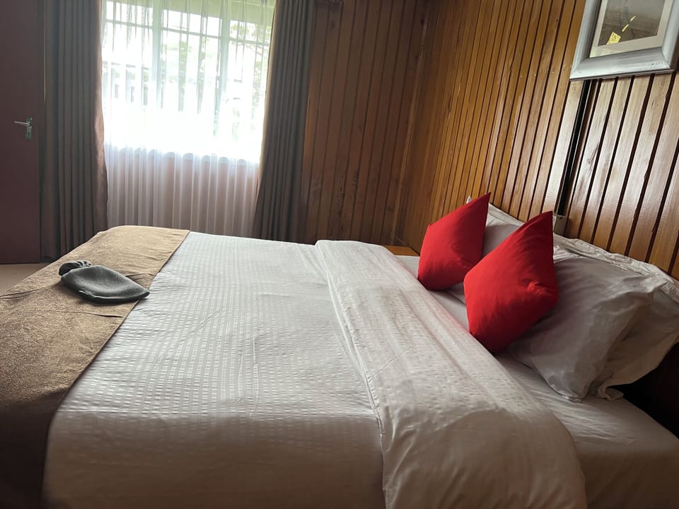 Desk, iron/ironing board, bed sheets