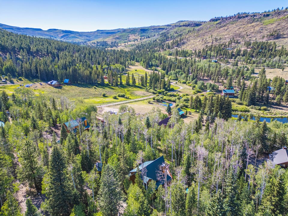 Aerial view of a forested mountain valley showcasing the property nestled among towering pines, with rolling hills, a winding river, and neighboring cabins dotting the serene natural landscape.