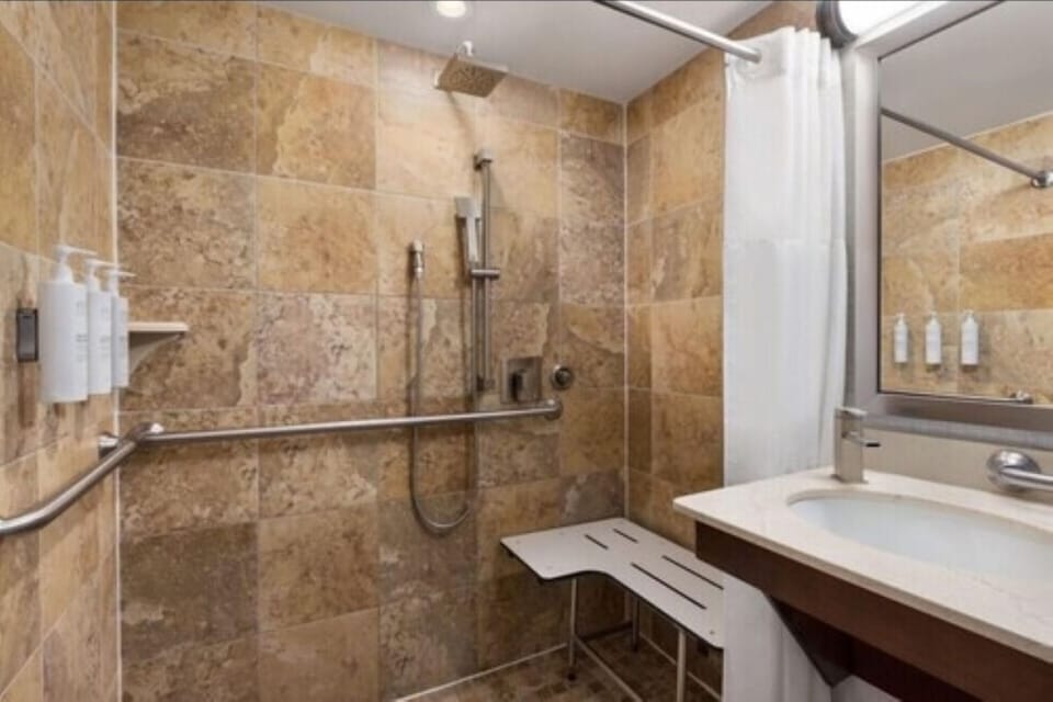 Standard with Roll in Shower | Bathroom | Shower, hair dryer, towels