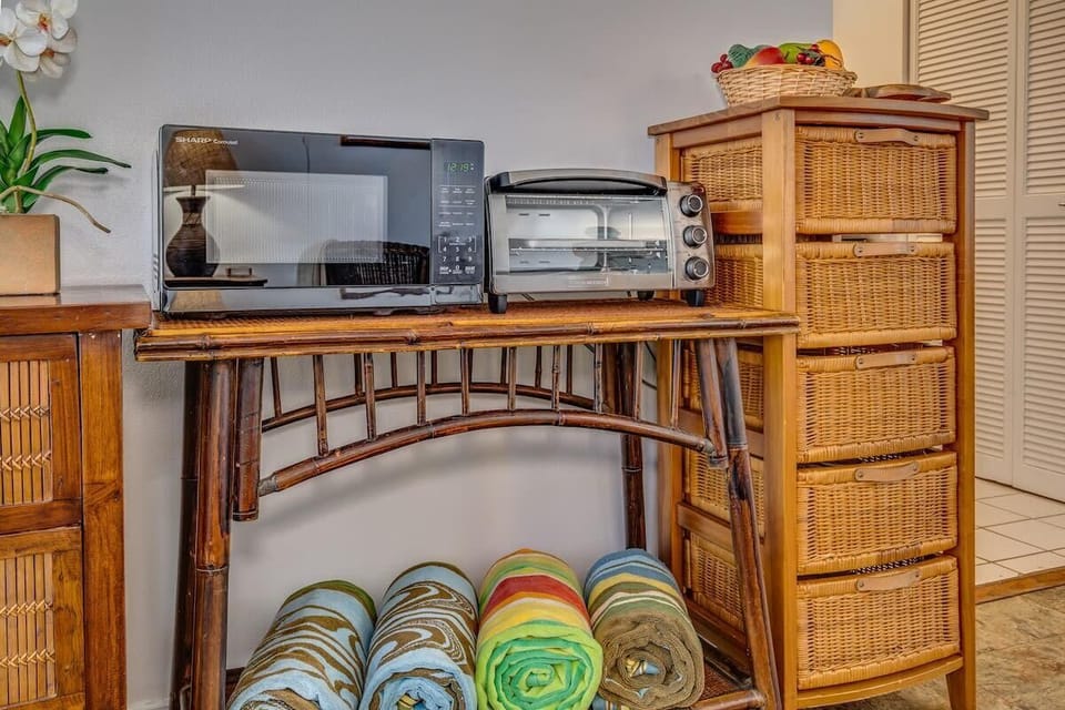 Colorful beach towels and kitchen essentials for a comfortable stay