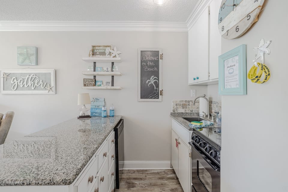 Kitchen galley with oven/stove, sink and dishwasher