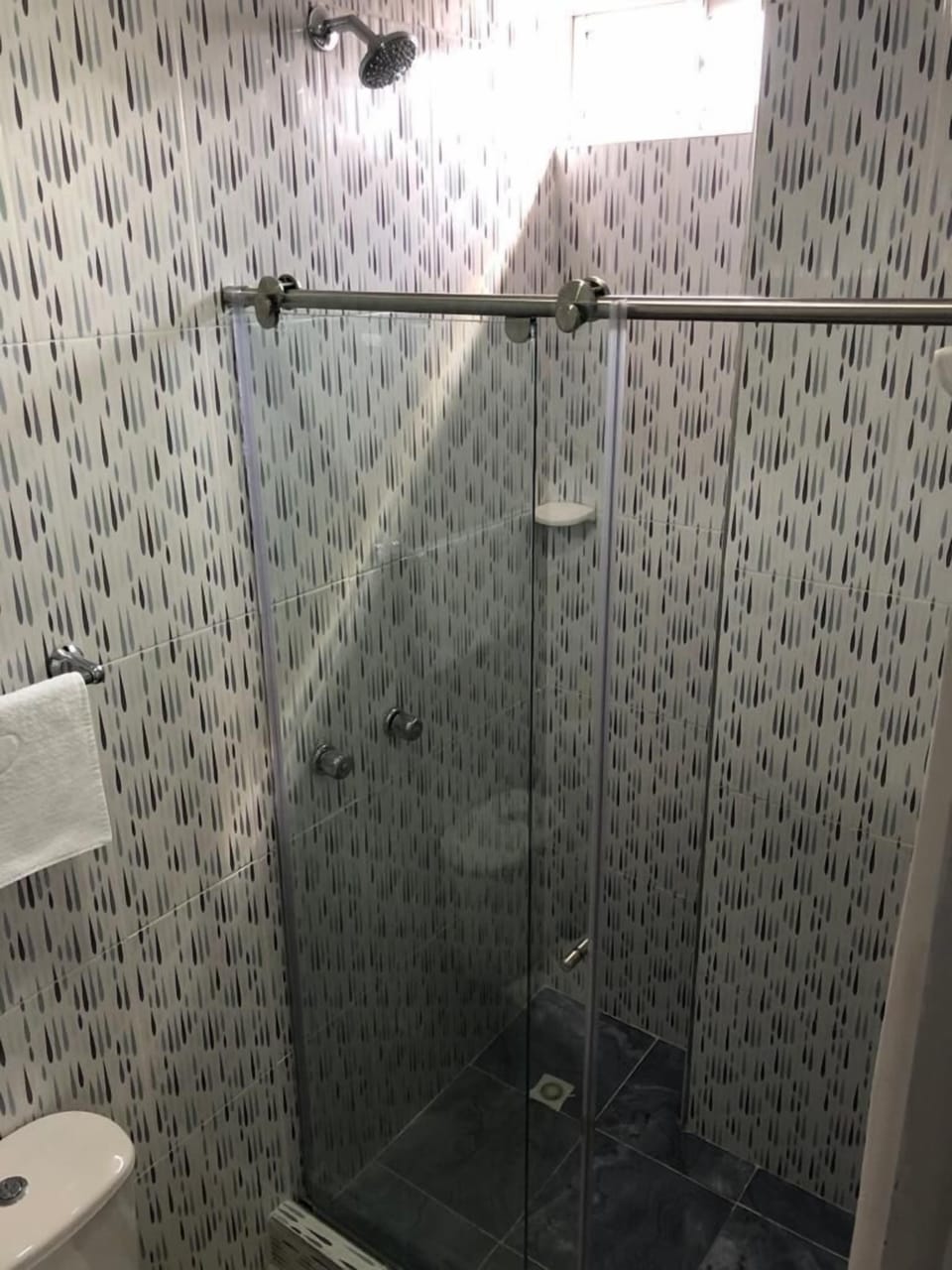 Shower, towels, soap, toilet paper