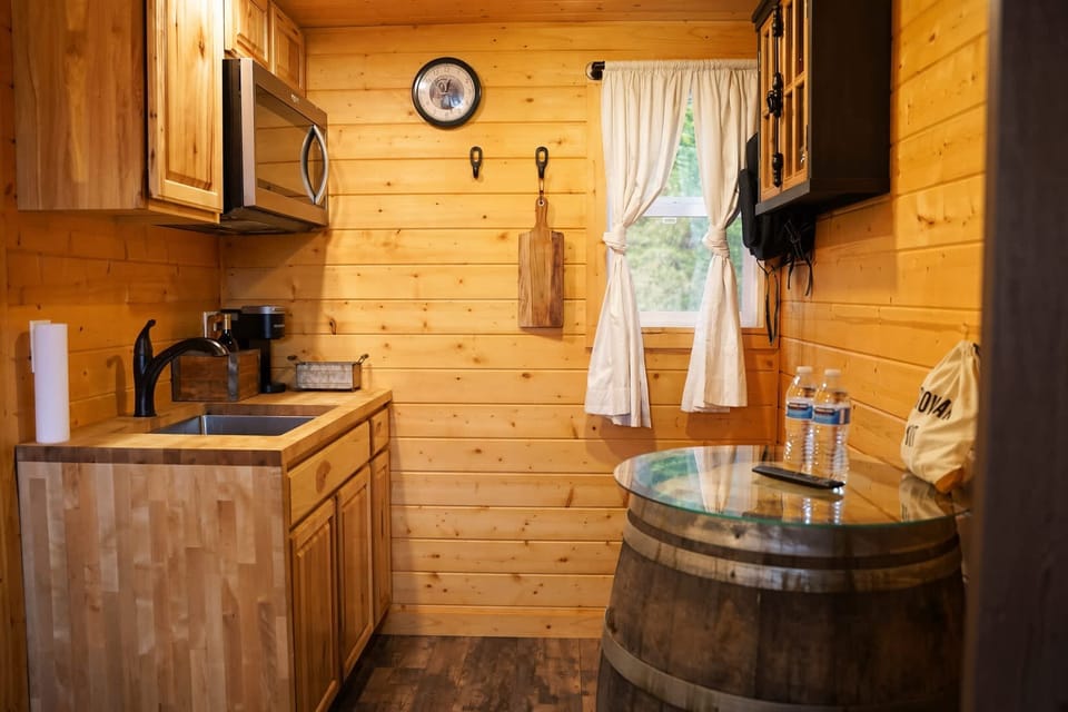 Kitchenette stocked with Starbucks coffee, coco and apple cider, and tea!