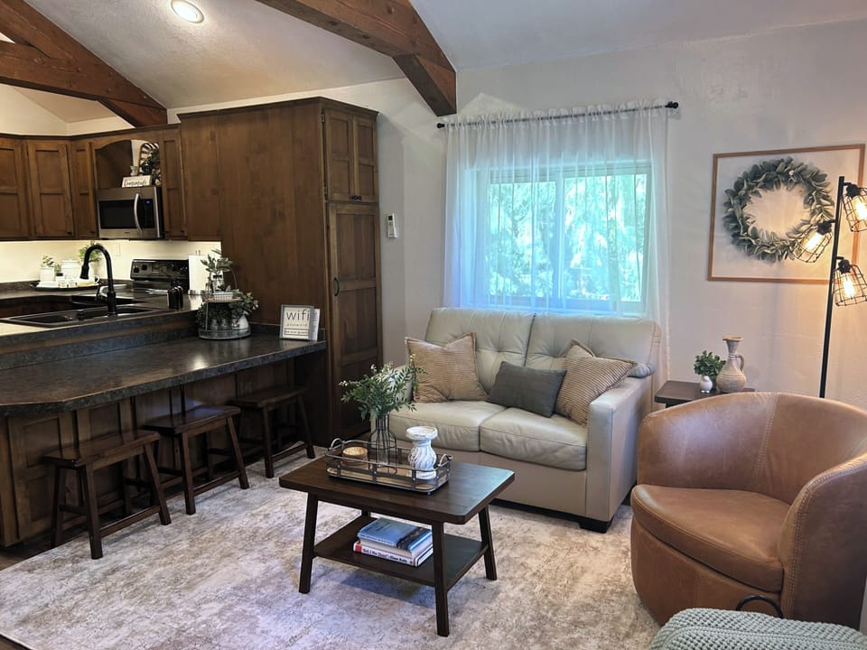 Open design. Living area is located right off the kitchen. 