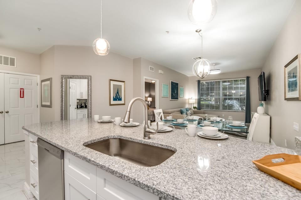 Kitchen fronting the dining and living area