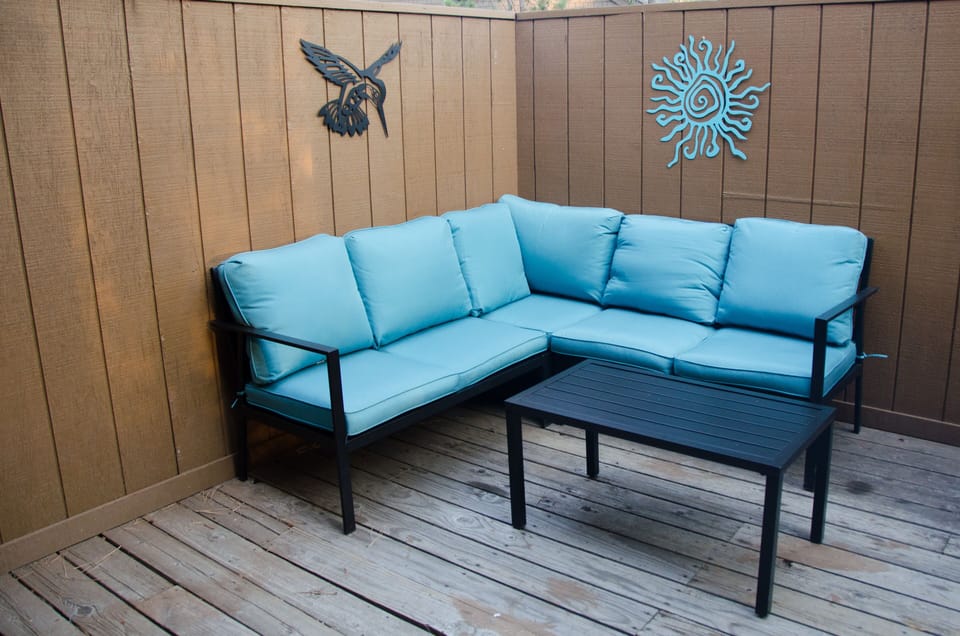 New Feature! Private outdoor seating area on the front deck.