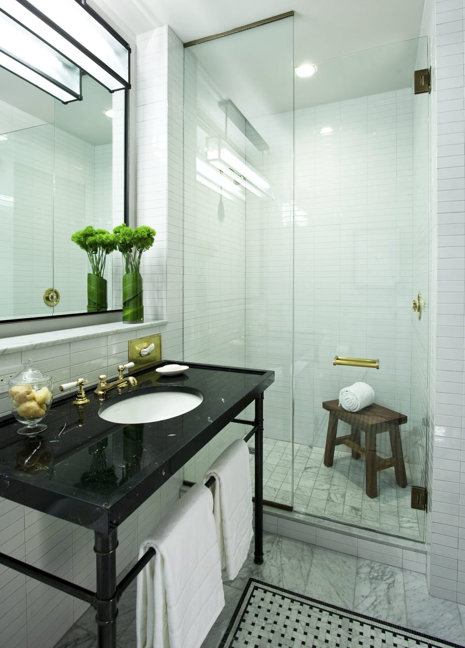 Designer toiletries, hair dryer, bathrobes, towels