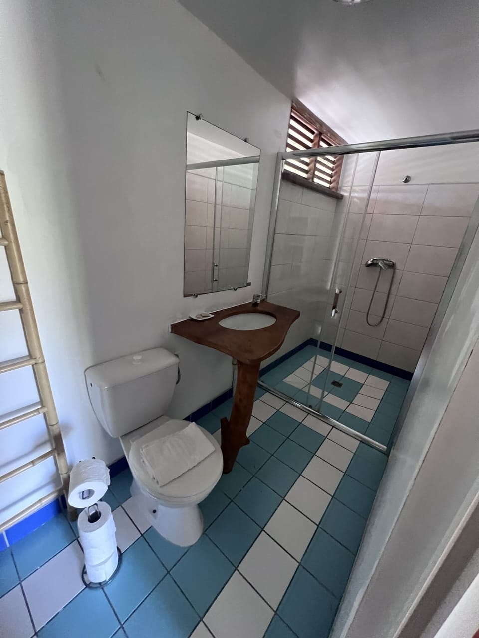 Shower, free toiletries, towels