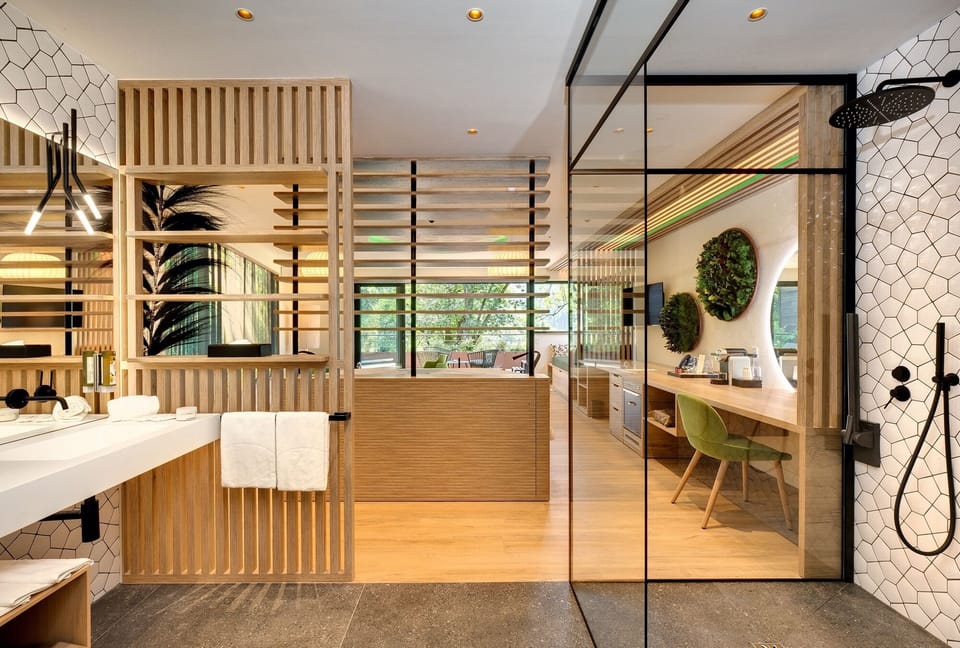 Panoramic Suite (La Costelle) | Bathroom | Designer toiletries, hair dryer, bathrobes, slippers