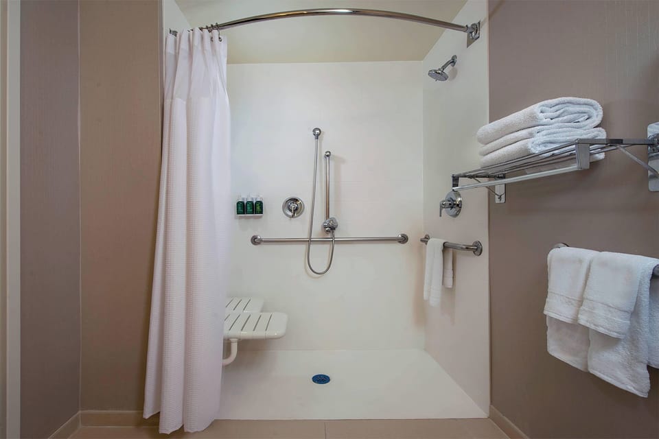 Combined shower/tub, free toiletries, hair dryer, towels