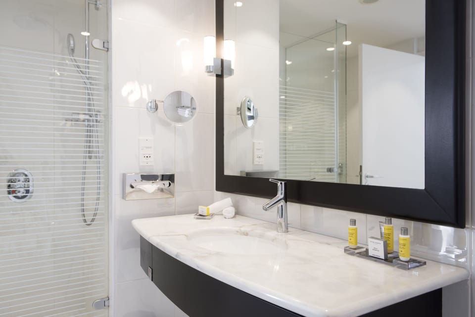 Separate tub and shower, free toiletries, hair dryer, towels