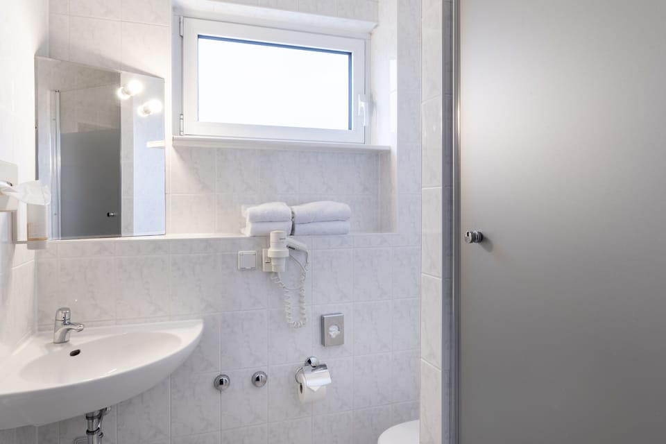 Shower, eco-friendly toiletries, hair dryer, towels