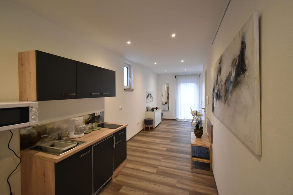 Design Apartment | Private kitchenette | Fridge, microwave, stovetop, cookware/dishes/utensils
