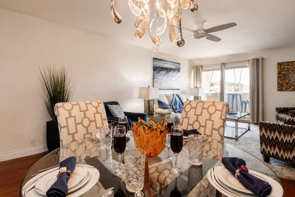 Share meals and conversation in the dining area overlooking the living room.
