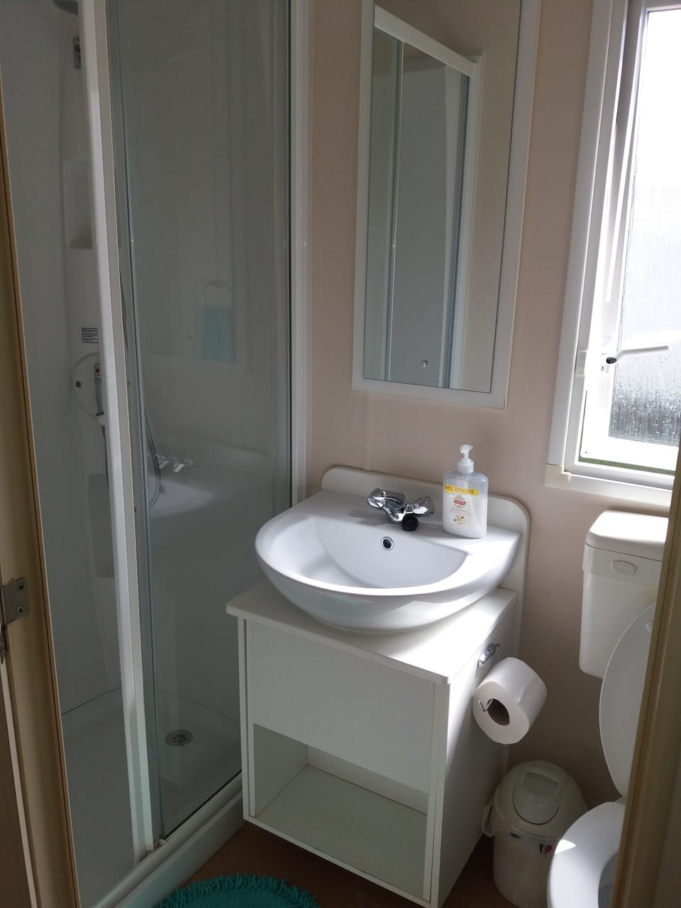 Shower room with toilet and basin.
