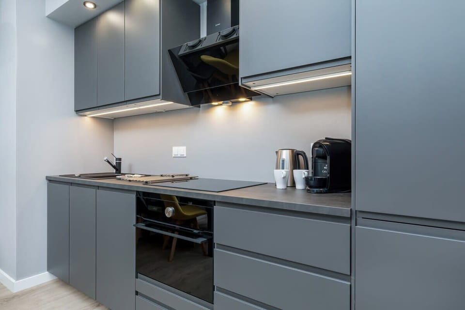 The sleek design of the kitchenette blending seamlessly with the living area.