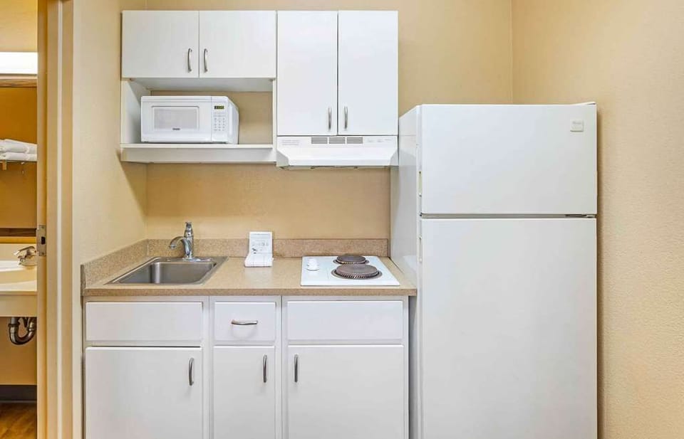 Full-size fridge, microwave, stovetop