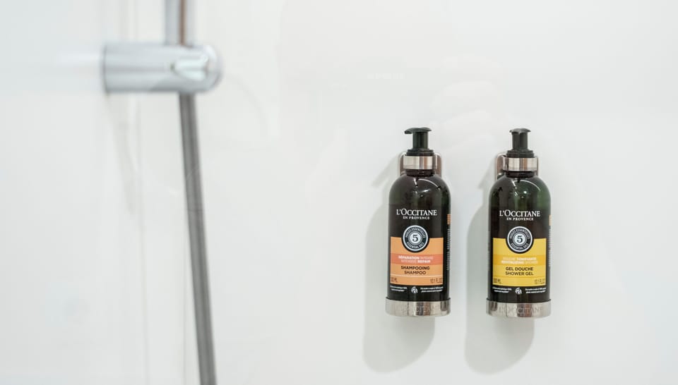 Combined shower/tub, designer toiletries, hair dryer, bidet