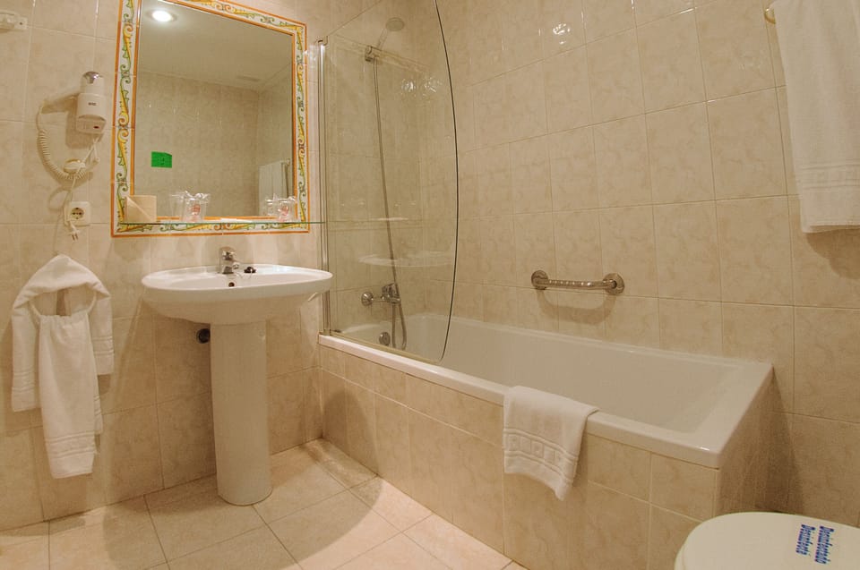Shower, hair dryer, bidet, towels