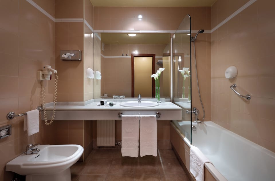 Shower, designer toiletries, hair dryer, towels