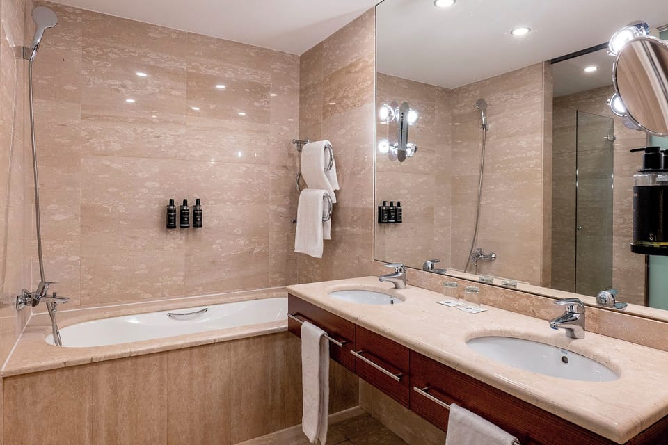Combined shower/tub, eco-friendly toiletries, hair dryer, bidet