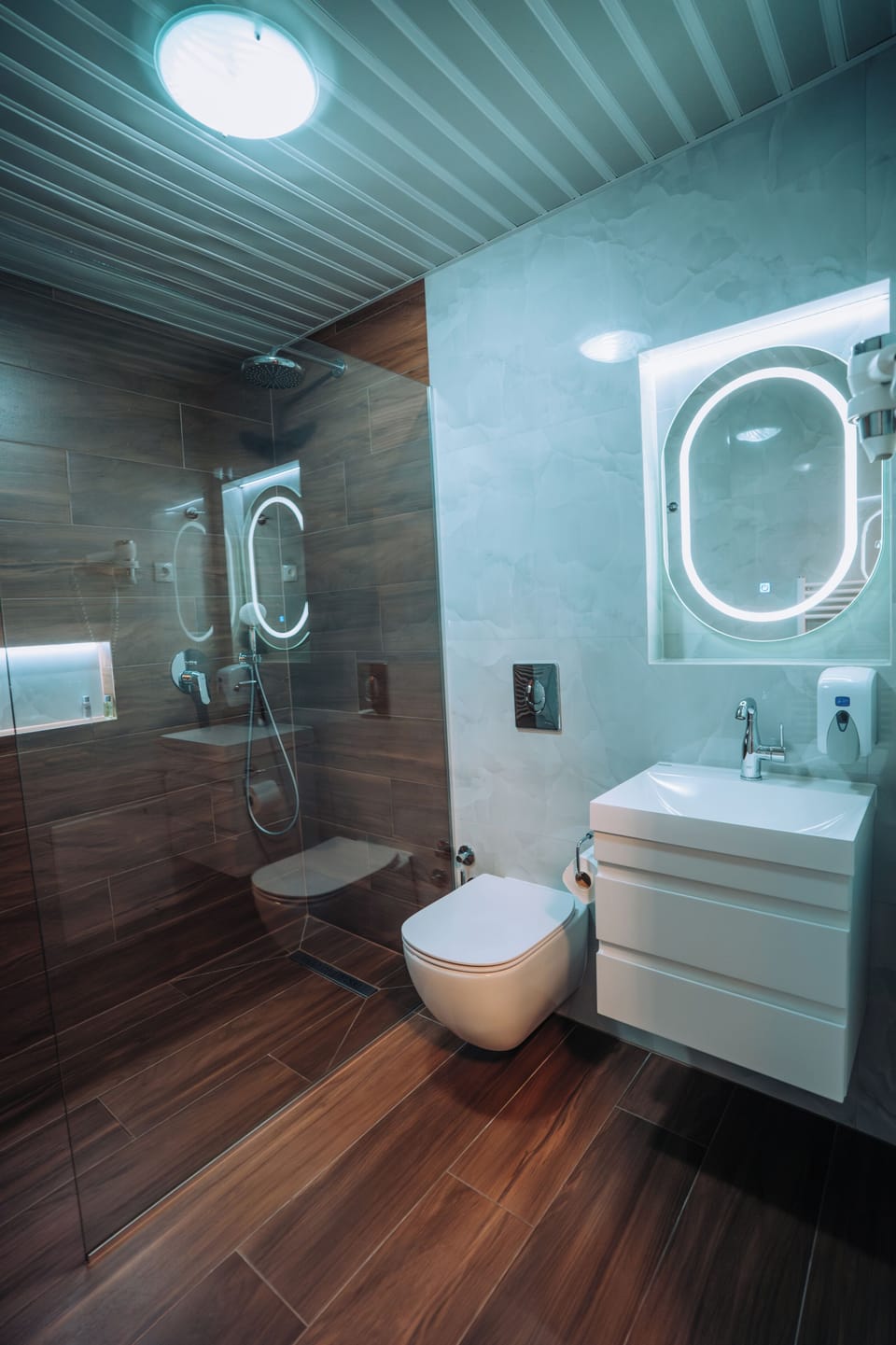 Combined shower/tub, deep soaking tub, hydromassage showerhead