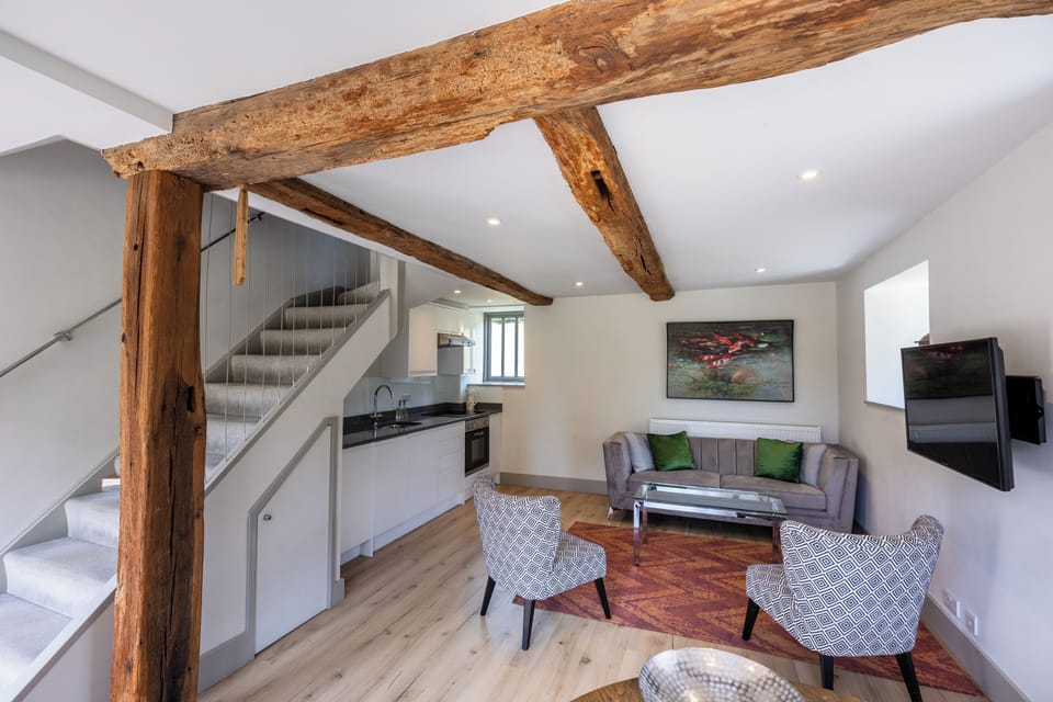 Open plan kitchen, lounge and dining area.