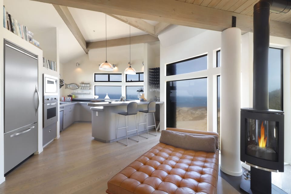 Fireplace in kitchen/dining -Bar seating