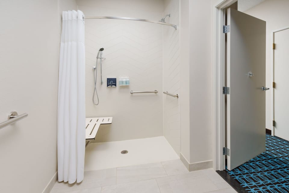 Combined shower/tub, free toiletries, hair dryer, towels