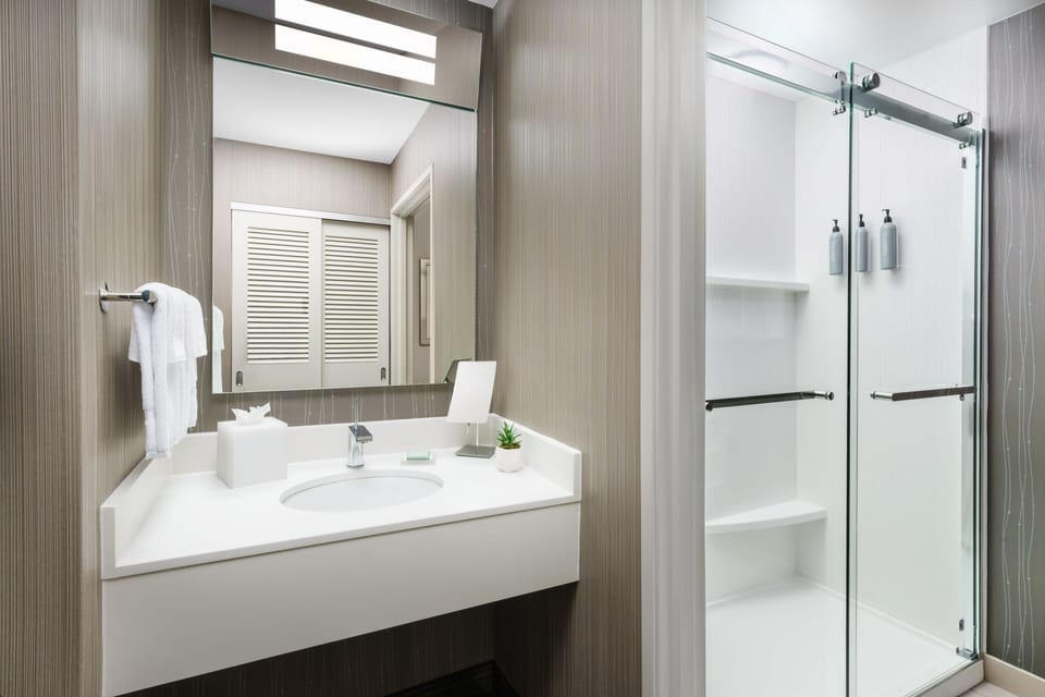Combined shower/tub, free toiletries, hair dryer, towels