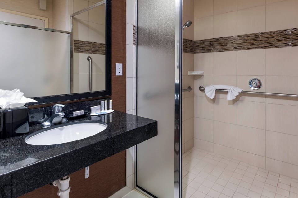 Combined shower/tub, free toiletries, hair dryer, towels