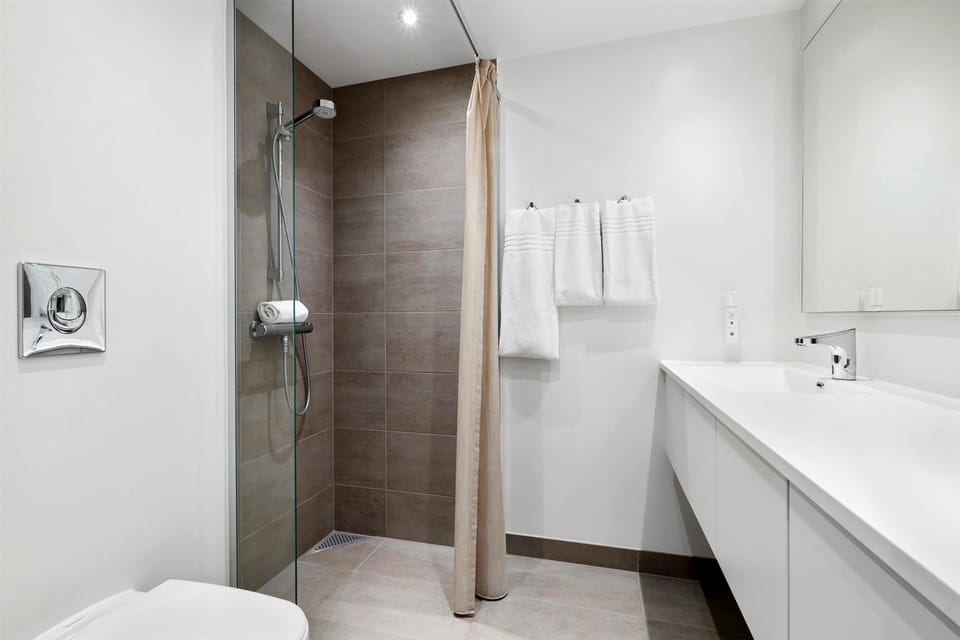 Shower, free toiletries, hair dryer, towels
