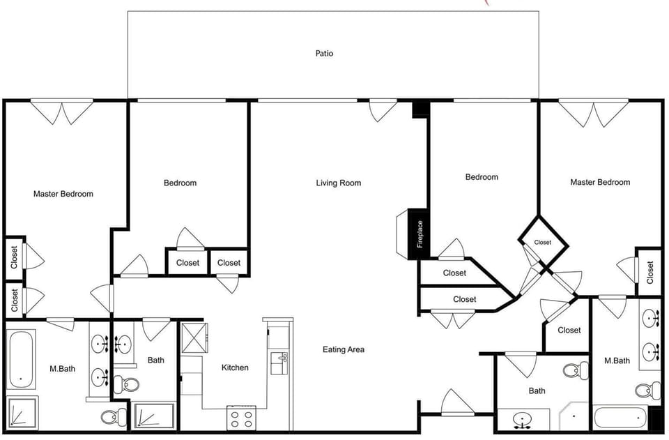Explore the spacious layout of this rental with two master bedrooms, each with private baths, plus a third bedroom and shared spaces.