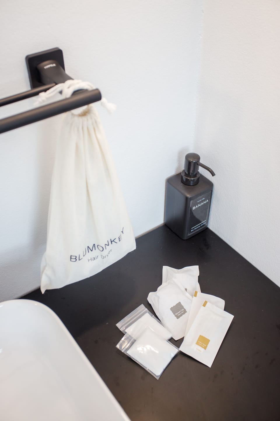 Hair dryer, bidet, towels, soap